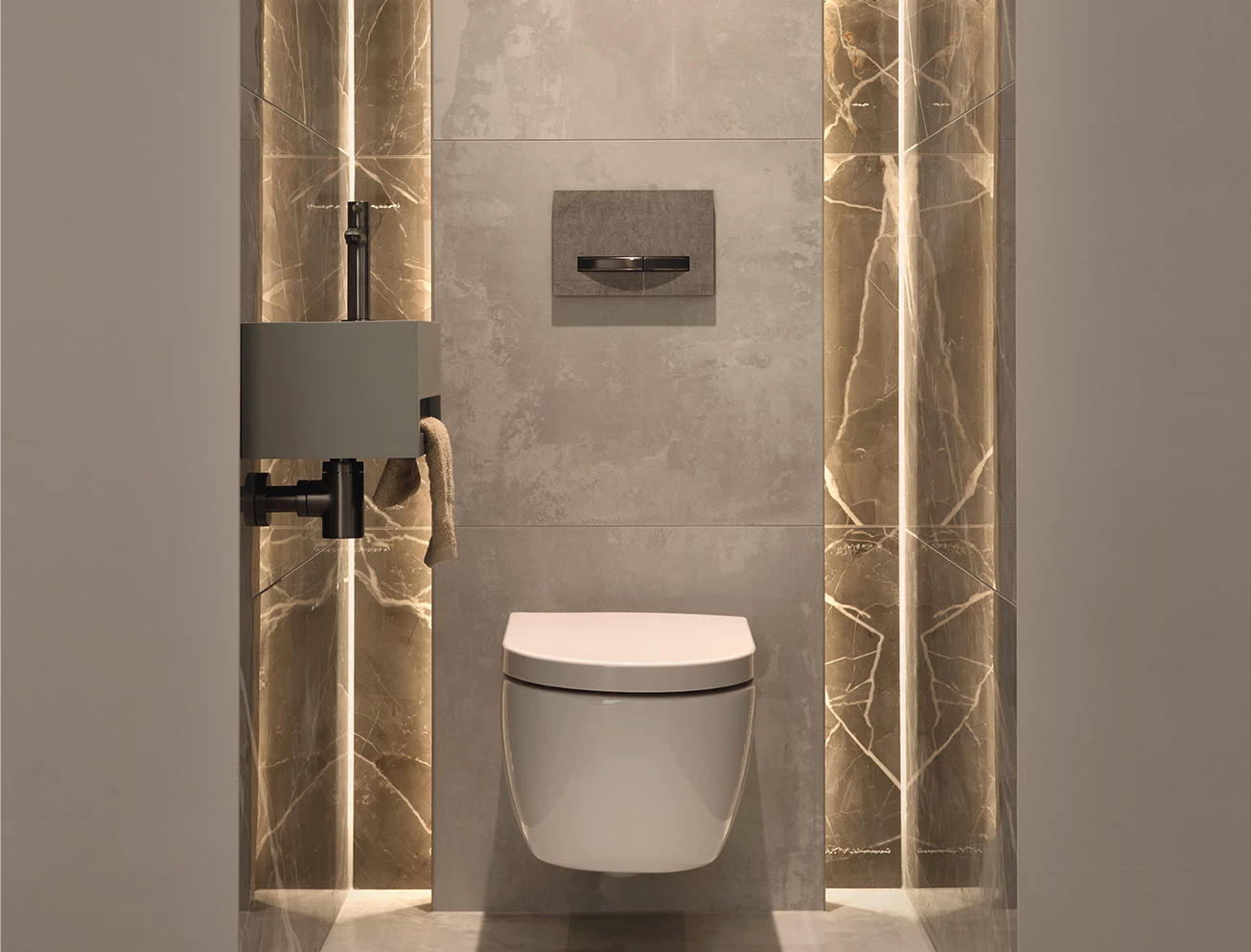 Toilet met betonlook tegels